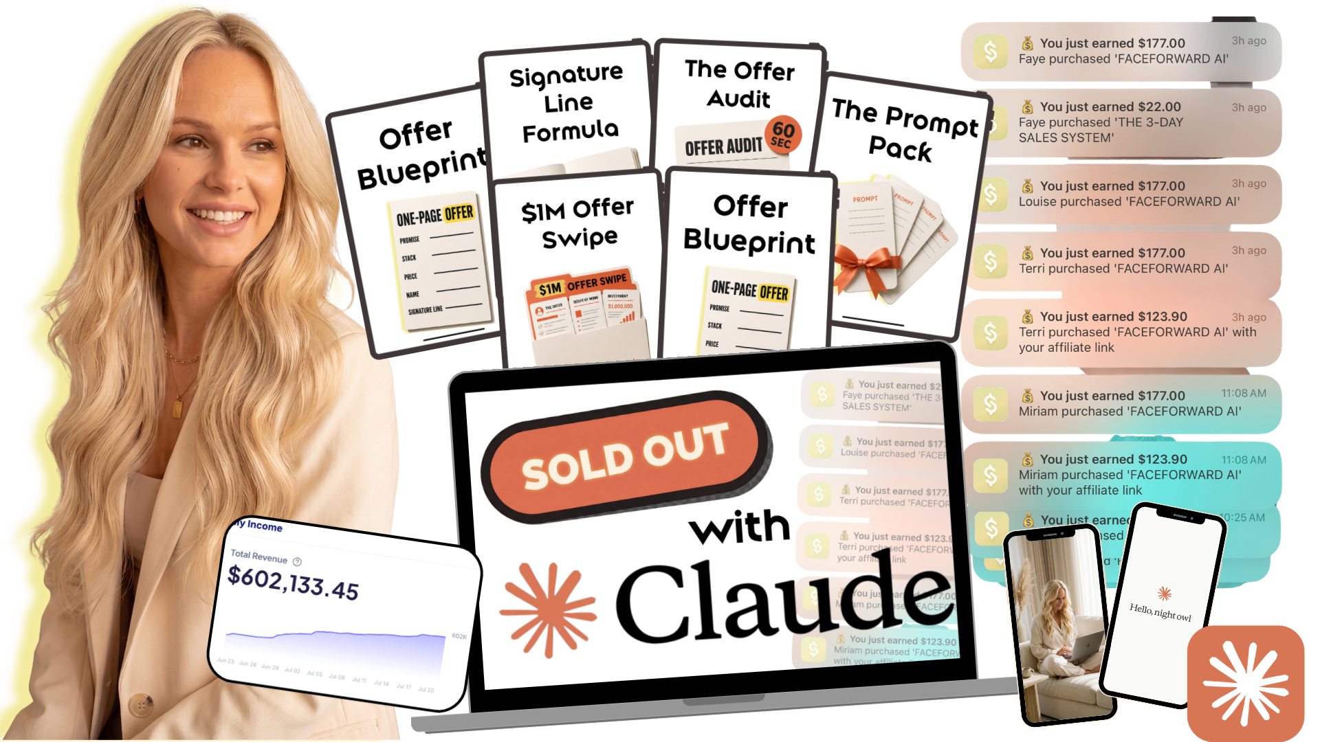 Sold Out with Claude product mockup collage showing phones, tablet, laptop, and income notifications