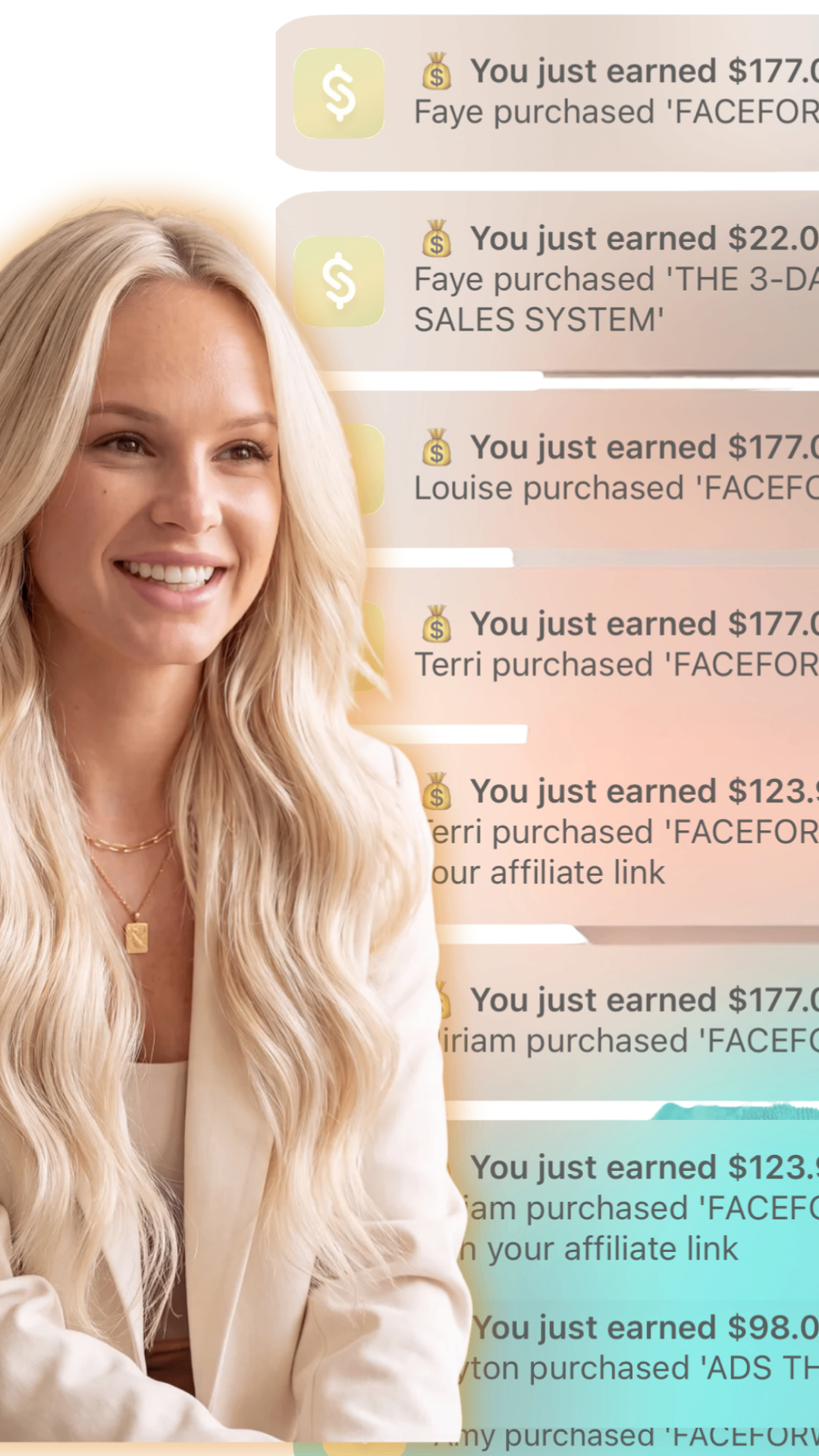 Founder smiling with real earnings notifications from sold digital offers