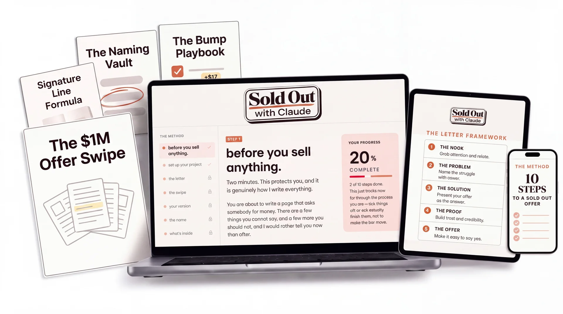 Sold Out with Claude product mockup collage showing phones, tablet, laptop, and income notifications