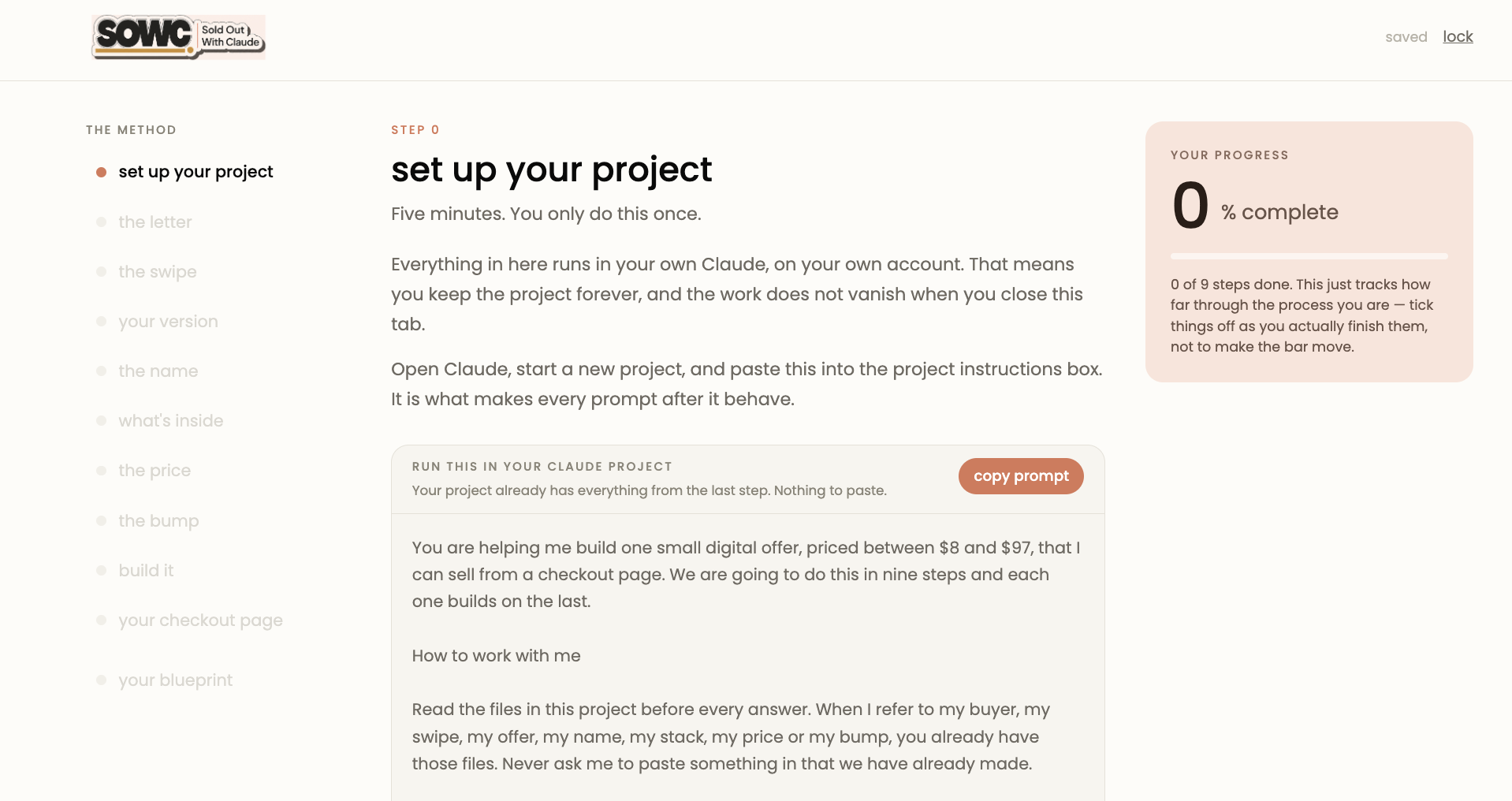 The Sold Out With Claude workspace showing step zero, the prompt box and the progress panel